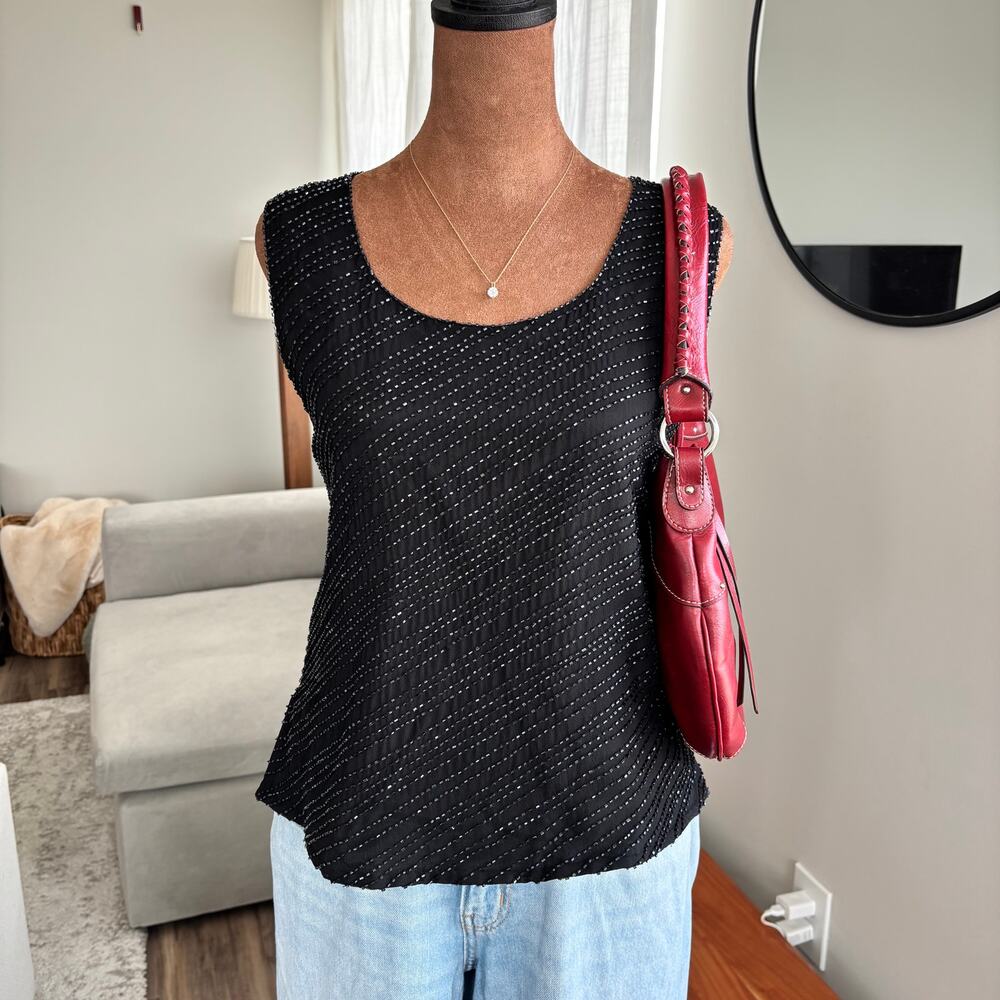 90s Vintage Papell Boutique Black Fully Beaded Silk Tank‎ Scoop Neck Blouse M